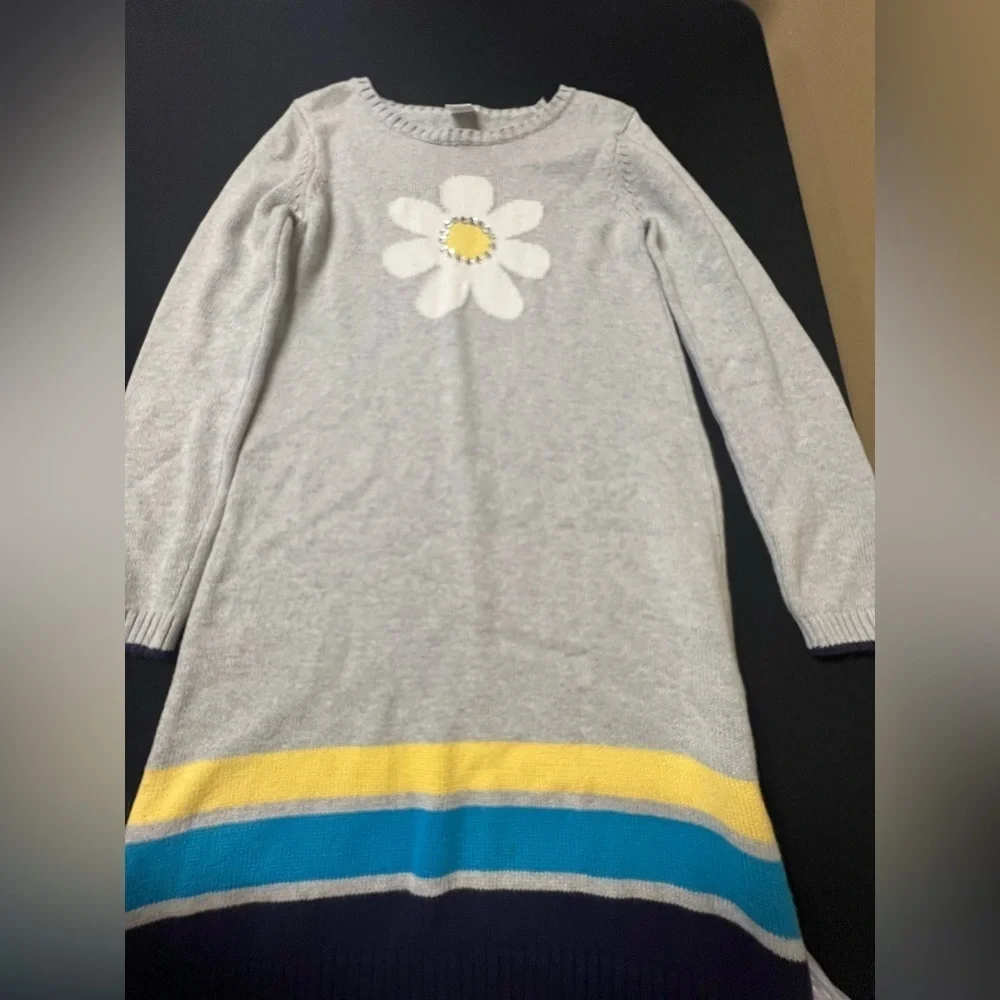 GYMBOREE GRAY SWEATER DRESS WITH YELLOW/TURQUOISE & NAVY BAND AT BOTTOM SIZE 10